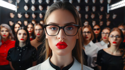 Obraz premium Confident woman with red lips and glasses in a group setting. International woman day concept