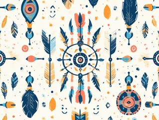 A whimsical seamless pattern inspired by Native American motifs, with symbols like arrows, feathers, and dreamcatchers, arranged in a playful, repeating style perfect for fashion, stationery
