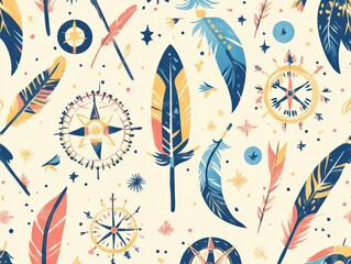 A whimsical seamless pattern inspired by Native American motifs, with symbols like arrows, feathers, and dreamcatchers, arranged in a playful, repeating style perfect for fashion, stationery