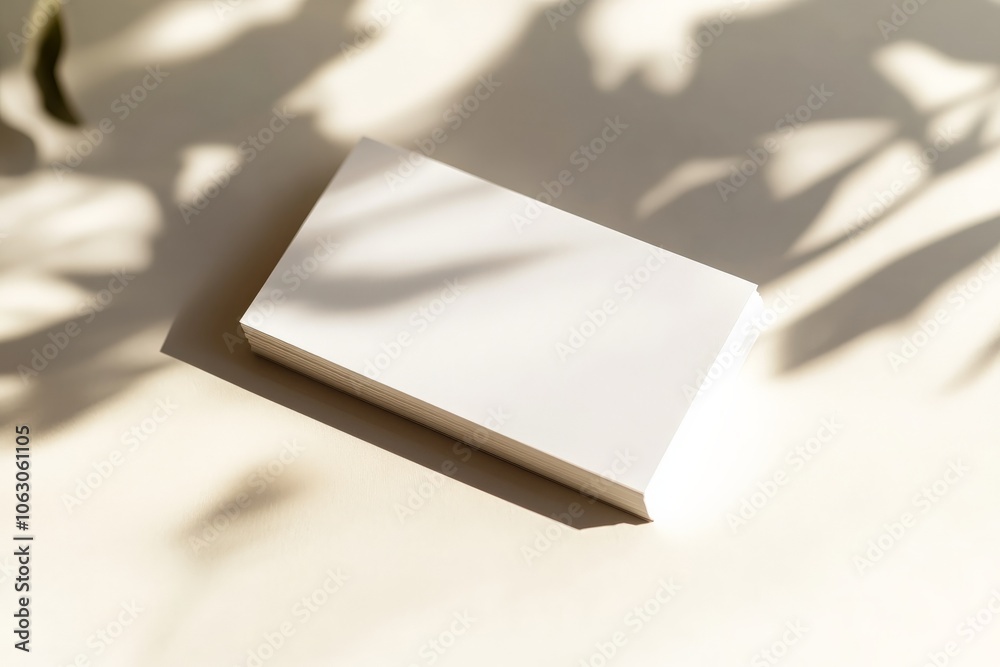 Poster a neatly stacked set of white business cards illuminated by soft sunlight, casting long shadows that