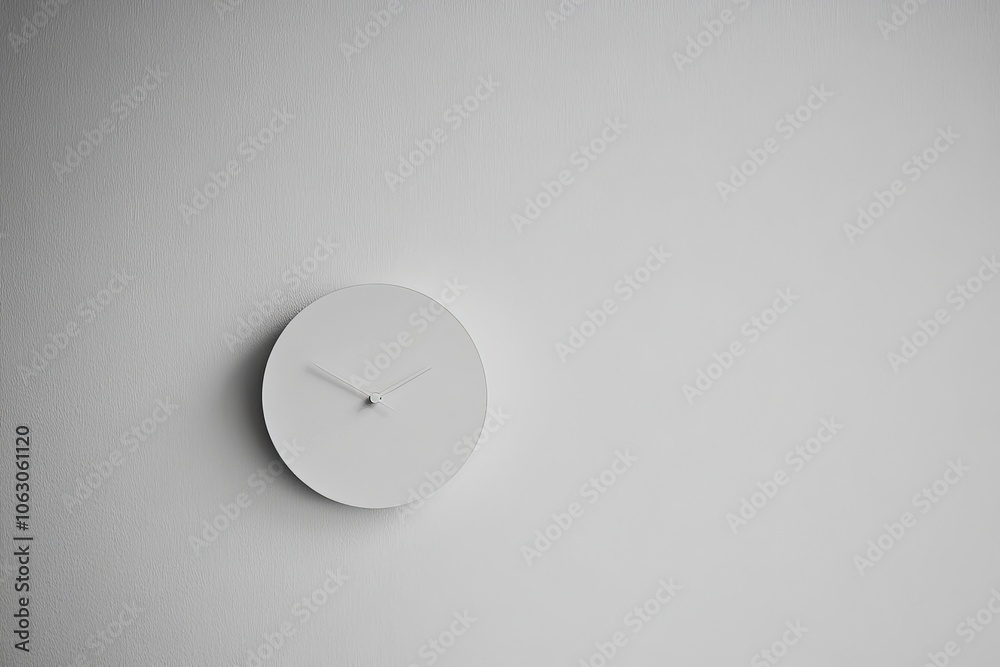 Poster A minimalist clock with no visible hour markers is mounted on a stark white wall, embodying a sleek and modern aesthetic with an emphasis on simplicity and design.