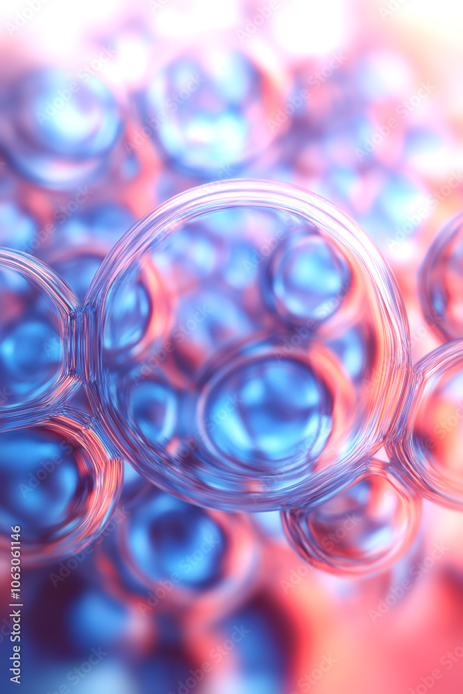 Poster illustration of transparent glass spheres with colored highlights of light in cool blue and warm ora
