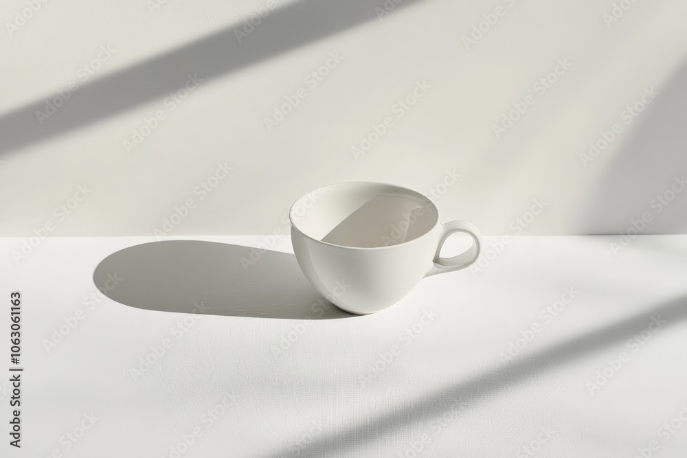 Poster A minimalistic white cup is placed on a white surface, casting a soft shadow from light coming from left, creating a simple yet artistic composition.