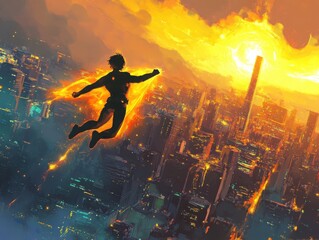 Naklejka premium Anime superhero soaring above a vibrant cityscape with a radiant glowing aura at sunset
