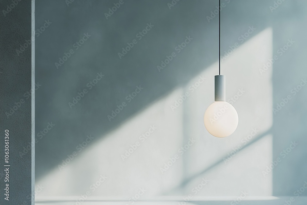 Poster a minimalist interior with a single pendant lamp casting shadows in muted sunlight against a sleek g