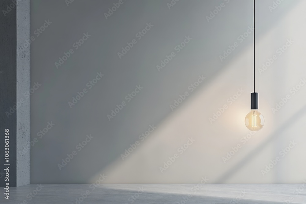 Poster a modern, dimly lit empty room featuring an eco-friendly light bulb, suspended from the ceiling, cre