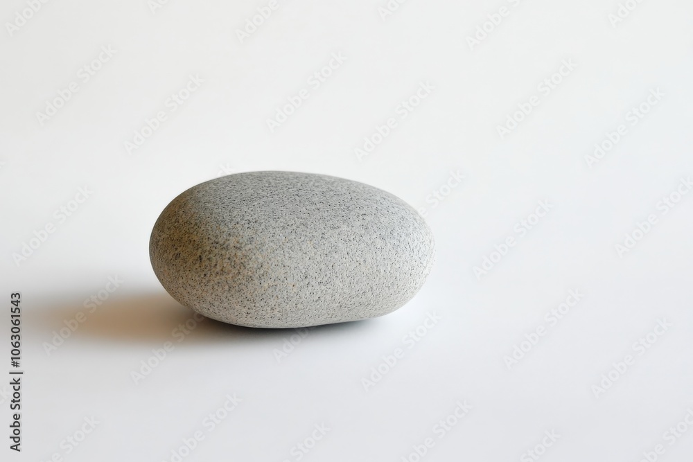 Poster A single pebble is placed on a plain white surface, highlighted by soft lighting that creates a gentle shadow, offering a sense of calmness and stability.