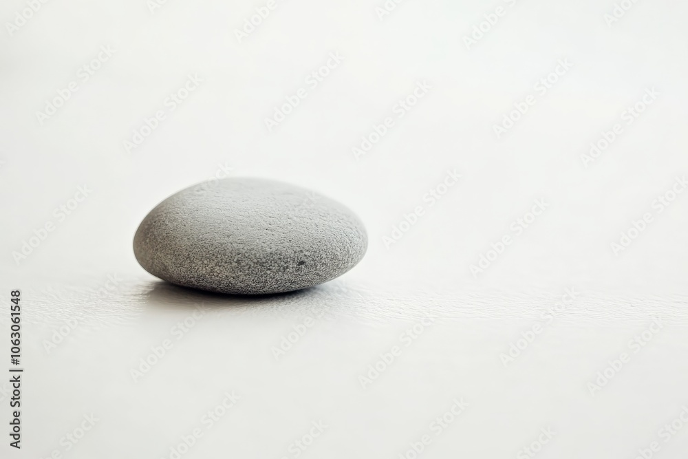 Poster A smooth pebble is placed on a flat minimalist white surface, featuring a subtle shadow that creates a pleasing aesthetic of quietude and calm reflection.