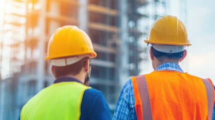 A construction team utilizing scaffolding as they work on building a multi story structure showcasing a deep depth of field and the progress of the construction project