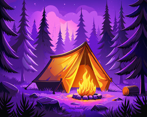 camper tent and forest, bold negative color illustration style