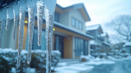 Icicles Hanging from Snow-Covered Roof in Winter Sunlight