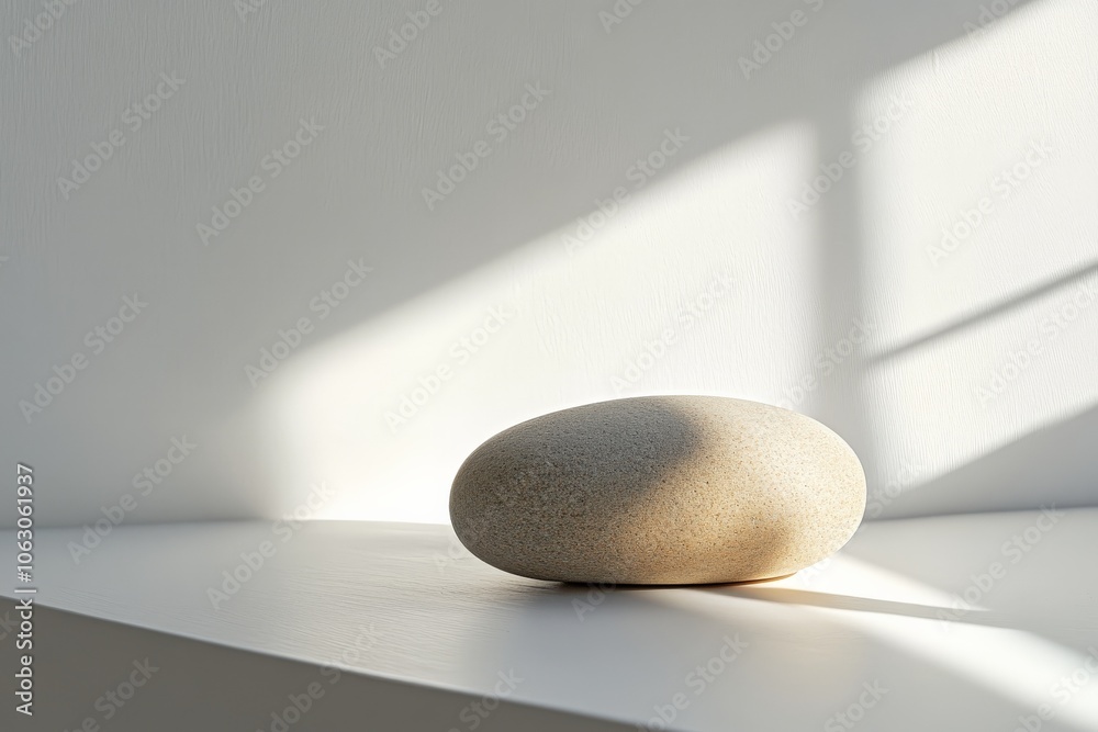 Poster a smooth, rounded stone elegantly positioned on a white surface, illuminated by diffused sunlight, g