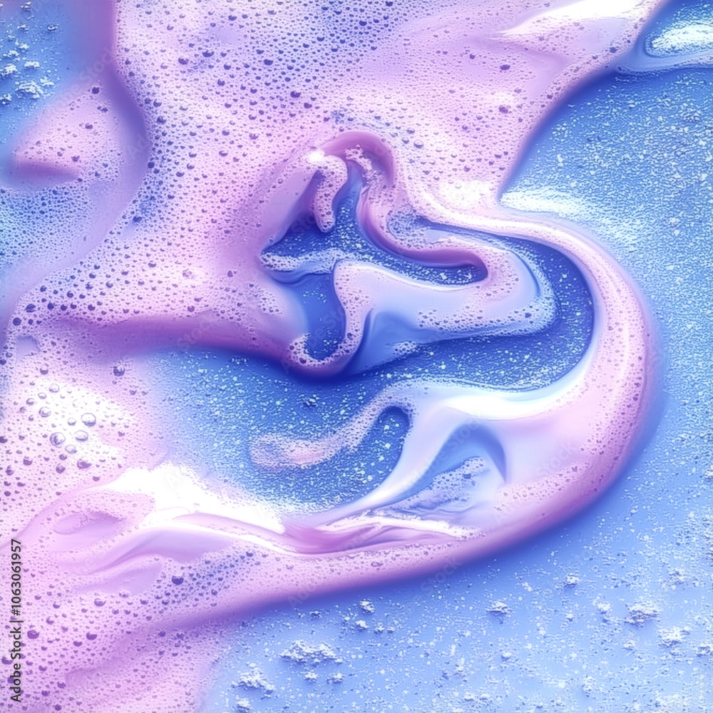 Poster Abstract illustration of an undulating pattern of thick liquid flows with foam and bubbles in delicate shades of pink and blue. Smooth undulating lines create a sense of movement while fine glowing de