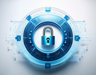 Fototapeta premium Blue lock symbol within a digital security circle on a white background, perfect for technology and cybersecurity-themed designs.