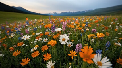 Fototapeta premium Vibrant Wildflower Field with Majestic Mountain Backdrop, embodying serenity and natural beauty.