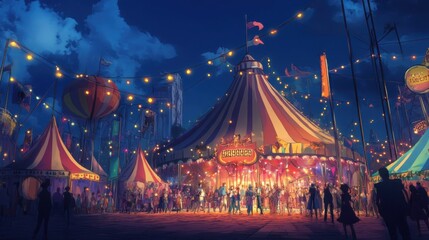 A vibrant anime-inspired circus colorful tents and talented performers under the starry sky