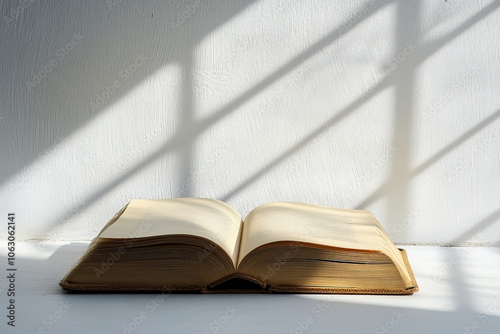 Poster An open book is bathed in warm sunlight from a window, casting dramatic shadows and evoking a sense of calmness and reflection in a tranquil setting.