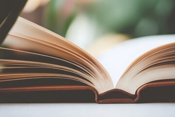Fototapeta premium An open book resting on a surface displays its well-bound pages, signifying knowledge, exploration, and learning, captured with a soft focus and lighting.