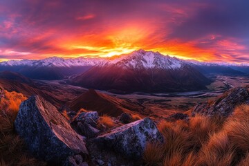 Obraz premium Stunning view of mountain peaks with a vibrant sunset sky, rocky foreground, and sweeping landscapes, capturing nature's majesty in a breathtaking scene.