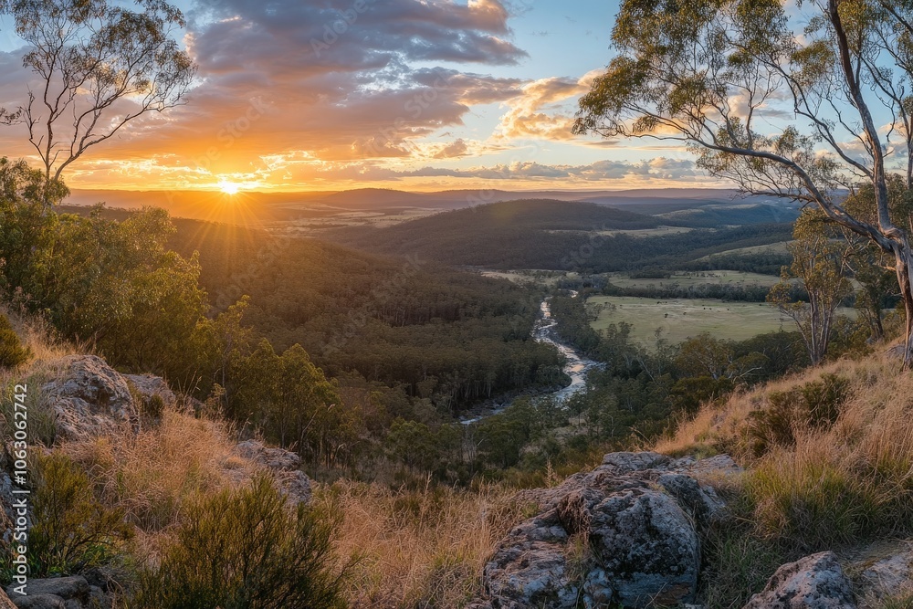 Aufkleber The sun sets over forested hills with a river winding through, casting a warm glow and creating a picturesque, tranquil scene that evokes peace and natural beauty.