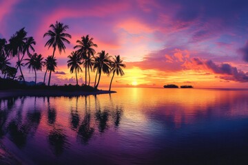 Obraz premium A colorful tropical sunset creating dramatic silhouettes of palms and distant islands, evoking feelings of adventure, nostalgia, and the quest for eternal summer.
