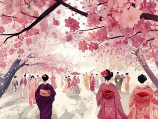 Fototapeta premium Animestyle cherry blossom festival scene with traditional attire showcasing culture and beauty amidst blooming trees