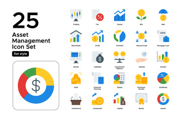 Asset Management Flat Icon Set: Portfolio Management, Investment Planning, and Wealth Assets Icons