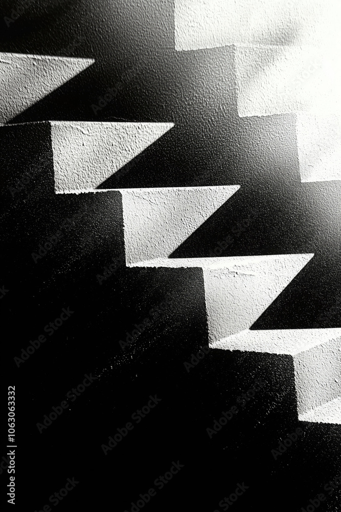 Aufkleber Black and white geometric composition in the form of stepped zig-zag shapes reminiscent of a staircase. The contrast between light and dark areas creates a rhythmic pattern, emphasizing the surface te