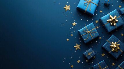 New Year or Christmas concept. Christmas background and gold gift boxes. Christmas theme and New Year's background. Christmas ornaments and New Year border decoration. Greeting card. Copy space area