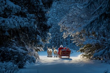 Naklejka premium Santa Claus rides his sleigh with reindeer through a snowy forest, surrounded by tall trees under the twilight sky, embodying the magic of Christmas Eve.