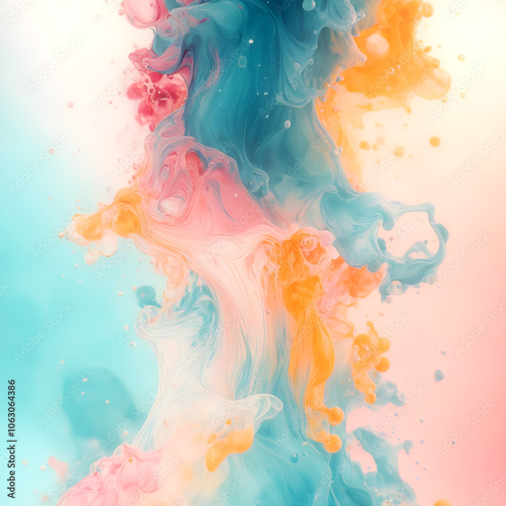Leinwandbilder Illustration with organic cloud forms where blue, pink and orange hues merge into a smooth movement. The composition is associated with flowing ink or smoke, creating a lively and dynamic image