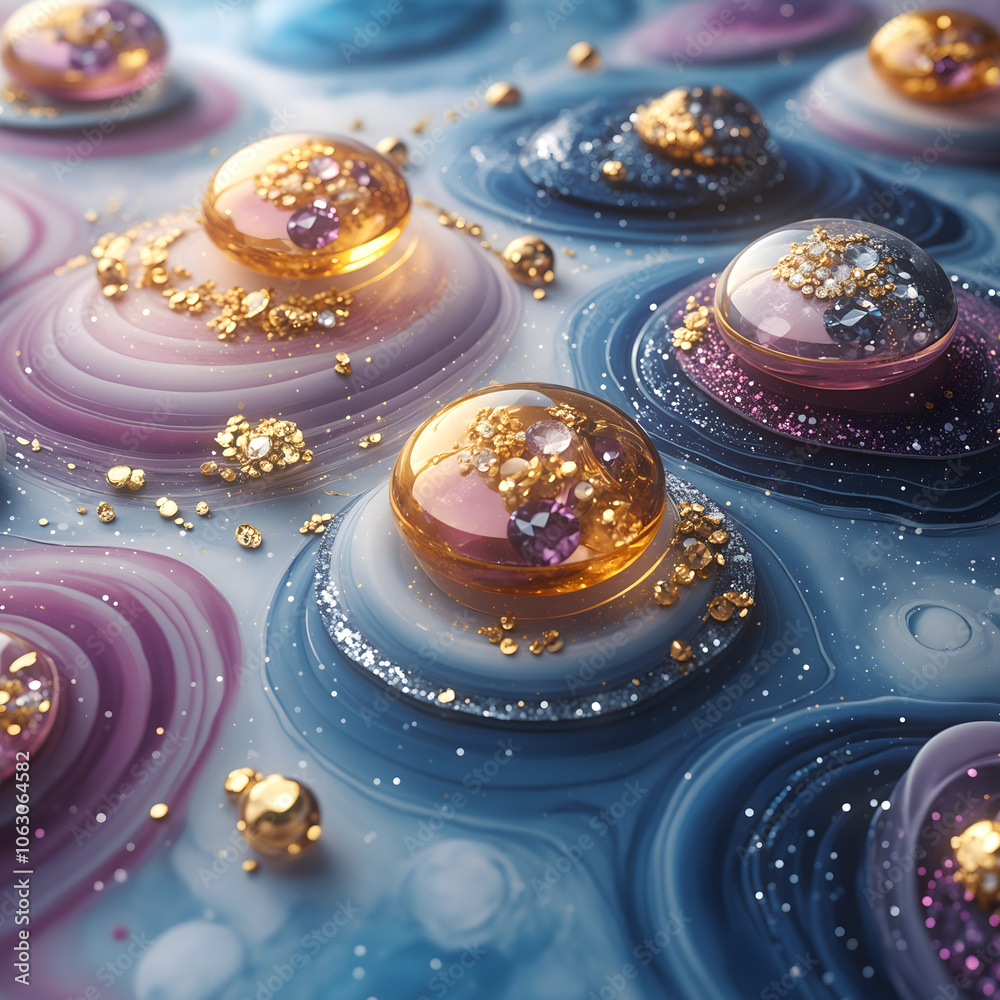 Poster abstract marble flows in delicate shades with golden spheres and small gemstones scattered across th