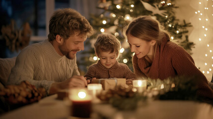 Family creating holiday memories by the Christmas tree
