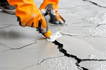 Close-up of a worker's gloved hand using a tool to apply sealant to a cracked concrete floor.
