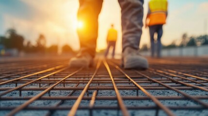 Construction workers carefully positioning rebar and other reinforcement elements for a large scale concrete structure with deep depth of field at a busy construction site