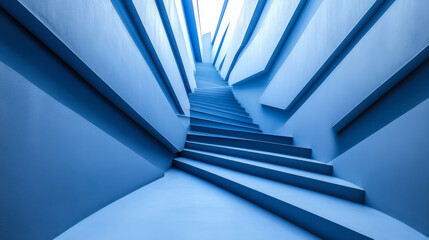 Fototapeta premium Blue stairway leading upward with geometric angles and sunlight illuminating the interior at an art installation