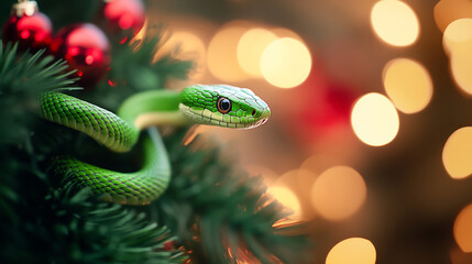 Fototapeta premium A green snake entwined in a Christmas tree with festive ornaments and colorful lights in a warm, cozy setting