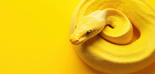 Fototapeta premium Create a stock photo featuring a yellow snake against a bright yellow background, providing ample copy space for a zoo or pet shop banner. 