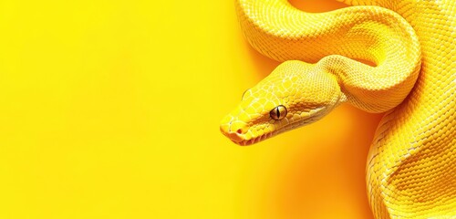 Fototapeta premium Create a stock photo featuring a yellow snake against a bright yellow background, providing ample copy space for a zoo or pet shop banner. 