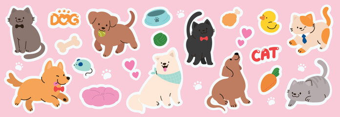Set of cute pet sticker vector. Lovely cat and dog doodle in different poses and breeds. Adorable funny pet and many characters hand drawn collection for T-shirt, sticker, print, pet shop. 
