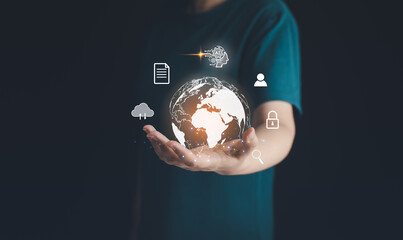 Ai, artificial intelligence technology for business connection and cyberspace communication network. Businessman hold virtual digital global on hand, virtual reality computer, generate big data cloud.