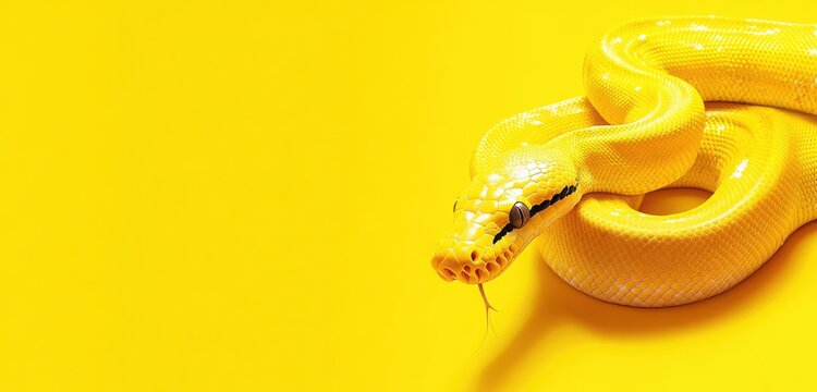 Illustrate a stock photo of a yellow python positioned on a vivid yellow background, offering clear copy space for promotional text. 