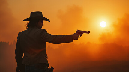 Cowboy shooting with revolver at sunset in wild west