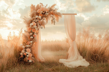 Rustic Wedding Arch Overlay: Pampas Grass and Tulle with Peach and Cream Roses, Vintage Golden Hour Look for Wedding and Maternity Photography