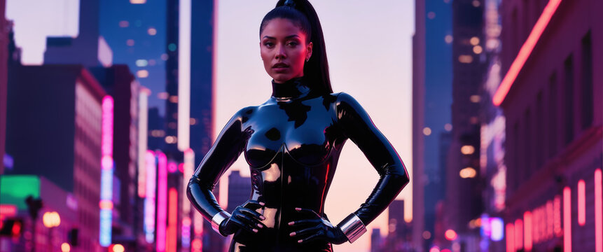 Fashion model posing in a latex catsuit in a vibrant city at sunset