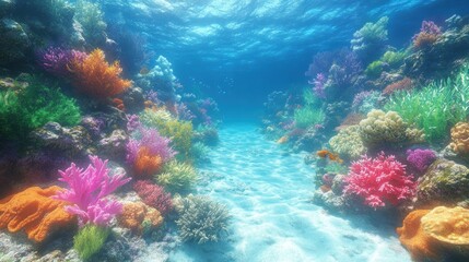 Vibrant underwater scene showcasing colorful coral reefs.