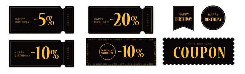 誕生日セールに使えるクールなフォントの黒と黄色のクーポンベクターアイコンセット2