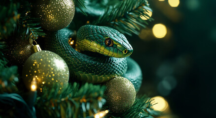 A green snake nestled among Christmas ornaments on a holiday tree in a cozy, decorated living room ambiance