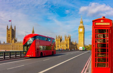 London symbols - Houses of Parliament with Big Ben, double-decker bus on Westminster bridge and red telephone box, UK