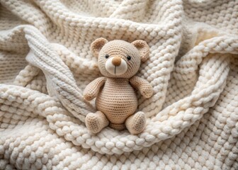 Cozy Small Knitted Baby Toy Bear Wrapped in a Warm Blanket - A Heartwarming Flat Lay Photography Composition for Baby Products and Gifts